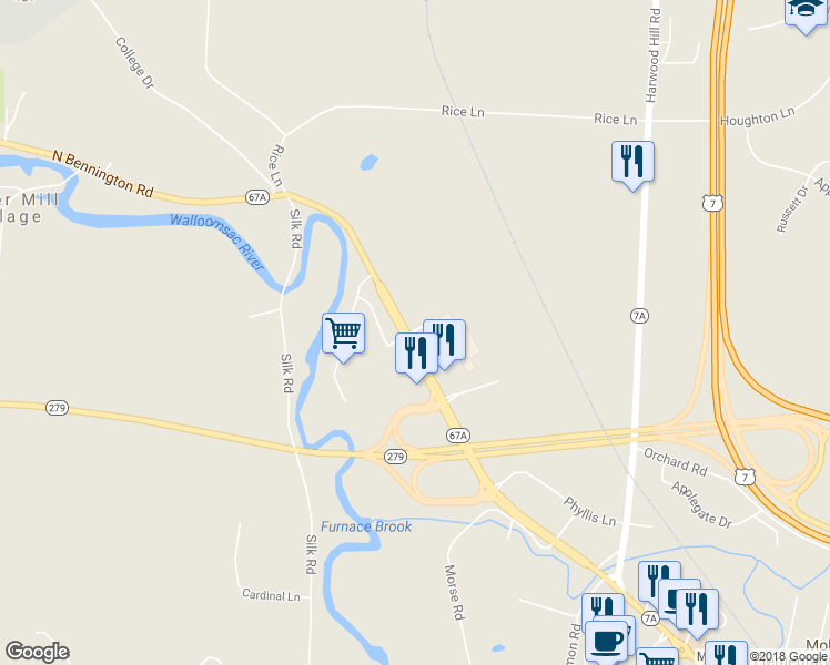 map of restaurants, bars, coffee shops, grocery stores, and more near 67 Bennington Plaza in Bennington