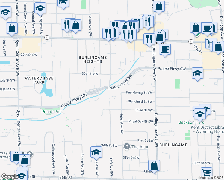 map of restaurants, bars, coffee shops, grocery stores, and more near 1860 Prairie Parkway Southwest in Wyoming