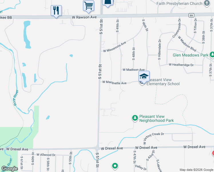 map of restaurants, bars, coffee shops, grocery stores, and more near 5035 West Marquette Avenue in Franklin