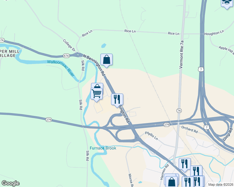 map of restaurants, bars, coffee shops, grocery stores, and more near 67 Bennington Plaza in Bennington County