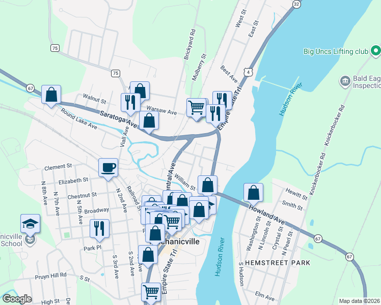 map of restaurants, bars, coffee shops, grocery stores, and more near 19-21 Penrose Avenue in Mechanicville
