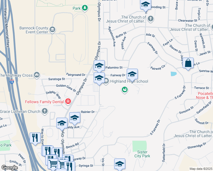 map of restaurants, bars, coffee shops, grocery stores, and more near 1800 Bench Road in Pocatello