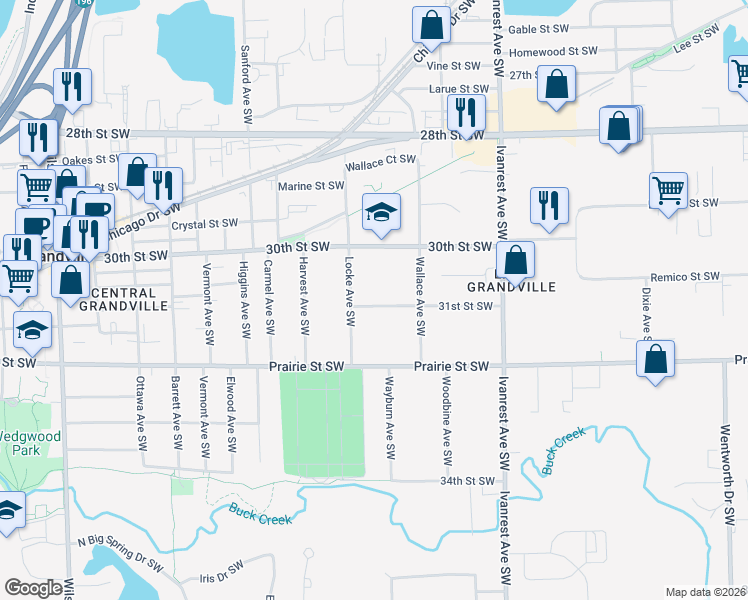map of restaurants, bars, coffee shops, grocery stores, and more near 3423 31st Street Southwest in Grandville