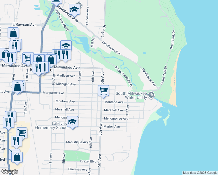 map of restaurants, bars, coffee shops, grocery stores, and more near 413 Michigan Avenue in South Milwaukee