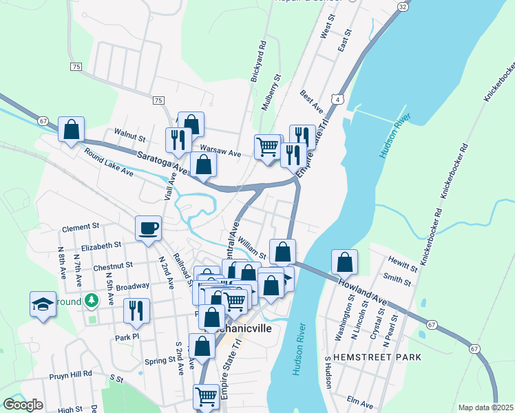 map of restaurants, bars, coffee shops, grocery stores, and more near 19-21 Penrose Avenue in Mechanicville