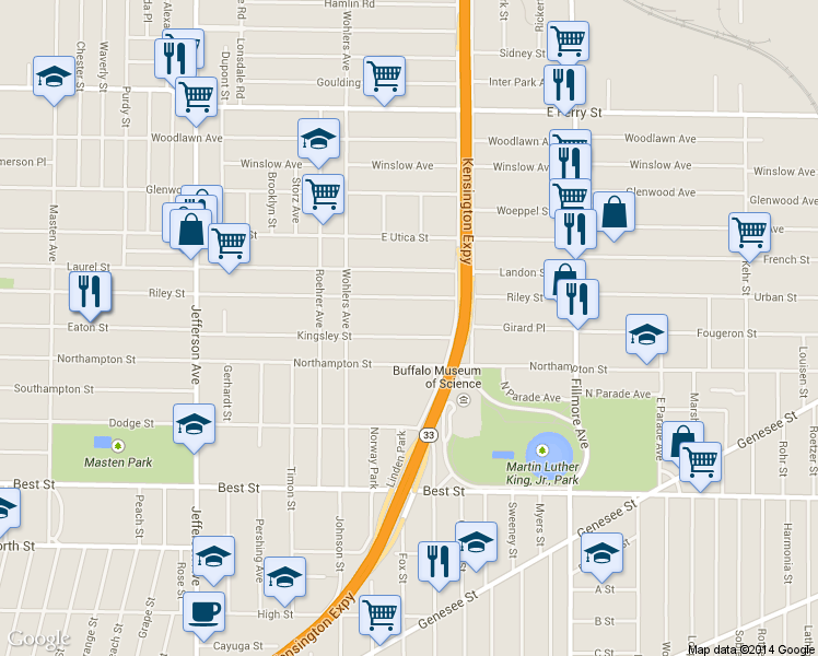 map of restaurants, bars, coffee shops, grocery stores, and more near 543 Riley Street in Buffalo
