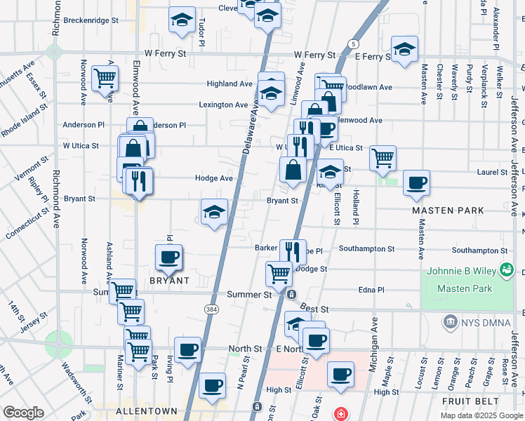 map of restaurants, bars, coffee shops, grocery stores, and more near 81 Bryant Street in Buffalo