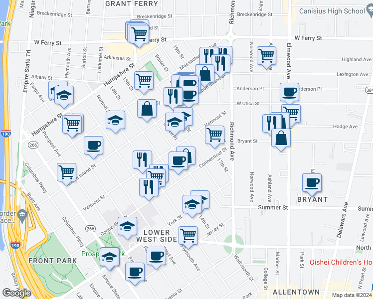 map of restaurants, bars, coffee shops, grocery stores, and more near 12 Lowell Place in Buffalo