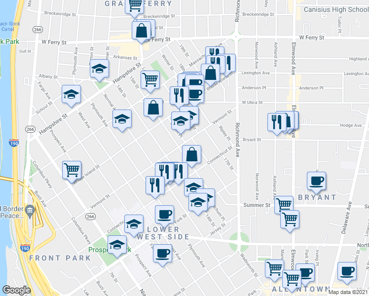 map of restaurants, bars, coffee shops, grocery stores, and more near 12 Lowell Place in Buffalo