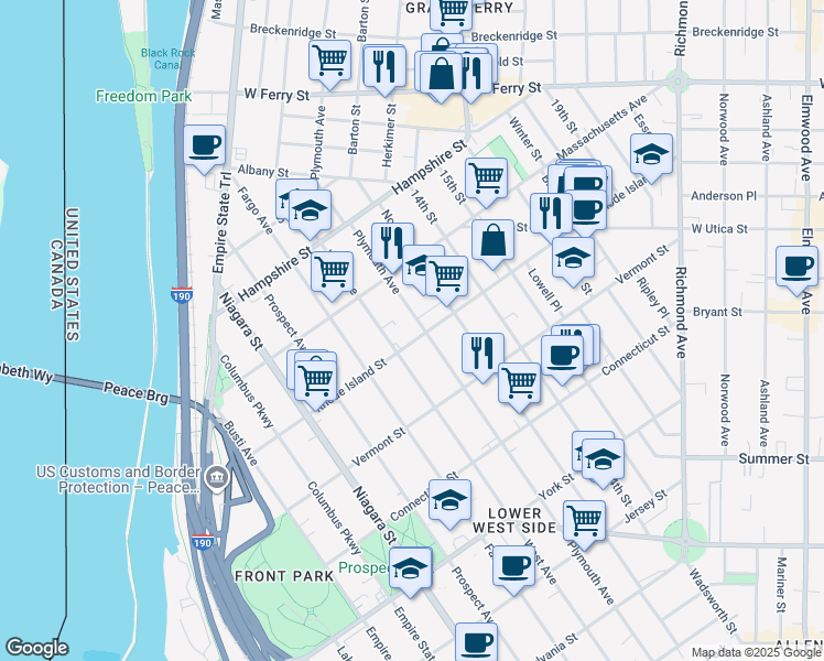 map of restaurants, bars, coffee shops, grocery stores, and more near in Buffalo