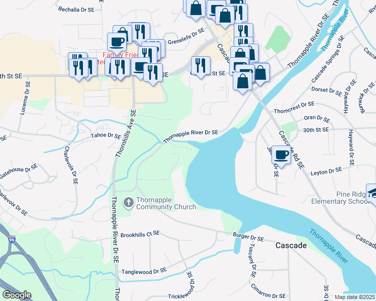 map of restaurants, bars, coffee shops, grocery stores, and more near 3024 Thornapple River Drive Southeast in Grand Rapids
