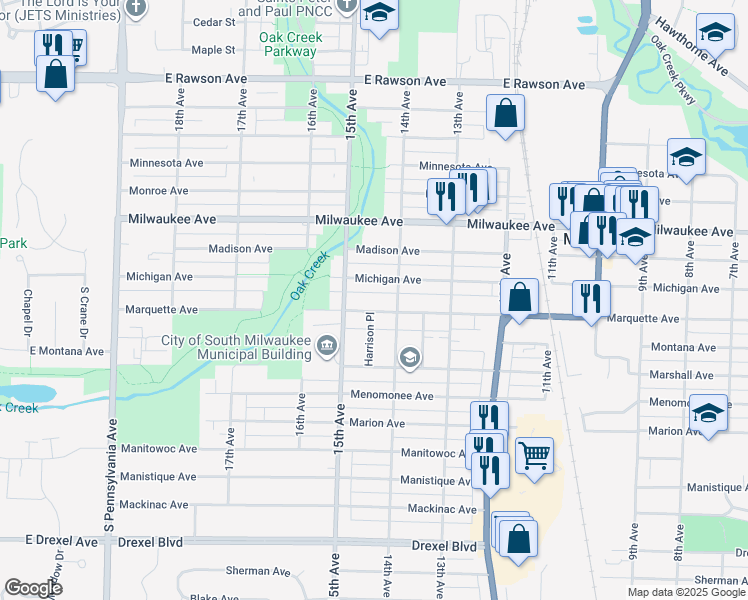 map of restaurants, bars, coffee shops, grocery stores, and more near 1411 Michigan Avenue in South Milwaukee