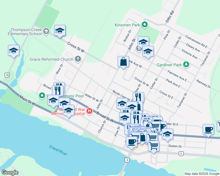 map of restaurants, bars, coffee shops, grocery stores, and more near 333 Forest Avenue in Haldimand County