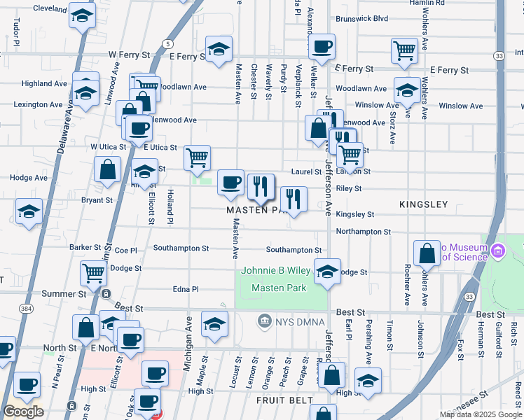 map of restaurants, bars, coffee shops, grocery stores, and more near in Buffalo