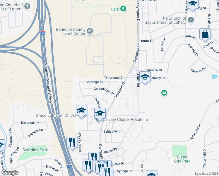 map of restaurants, bars, coffee shops, grocery stores, and more near 1848 Delmar Street in Pocatello