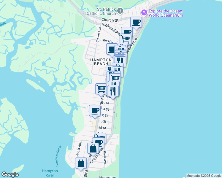 map of restaurants, bars, coffee shops, grocery stores, and more near 169 Ocean Boulevard in Hampton