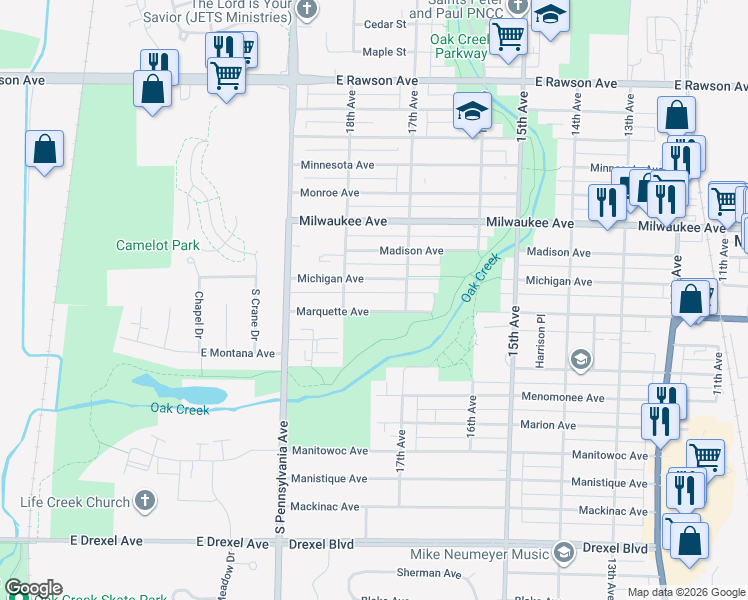map of restaurants, bars, coffee shops, grocery stores, and more near 1717 Michigan Avenue in South Milwaukee