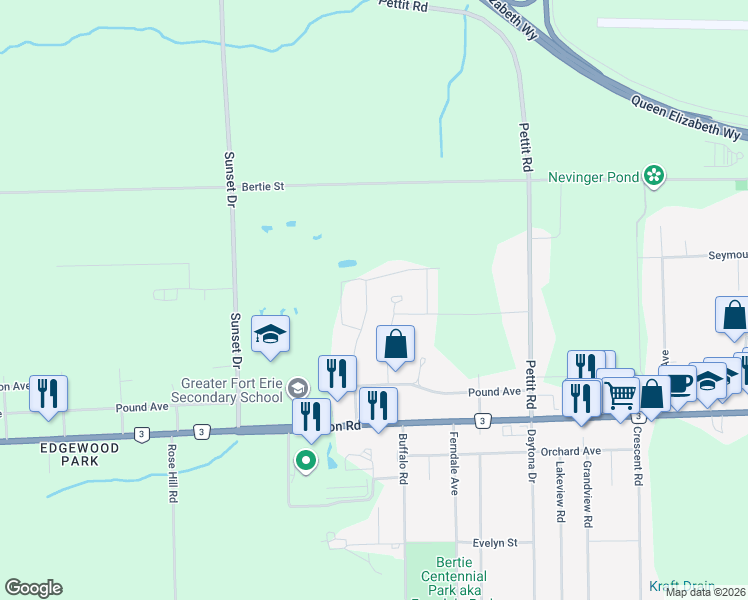 map of restaurants, bars, coffee shops, grocery stores, and more near 1202 Green Acres Drive in Fort Erie