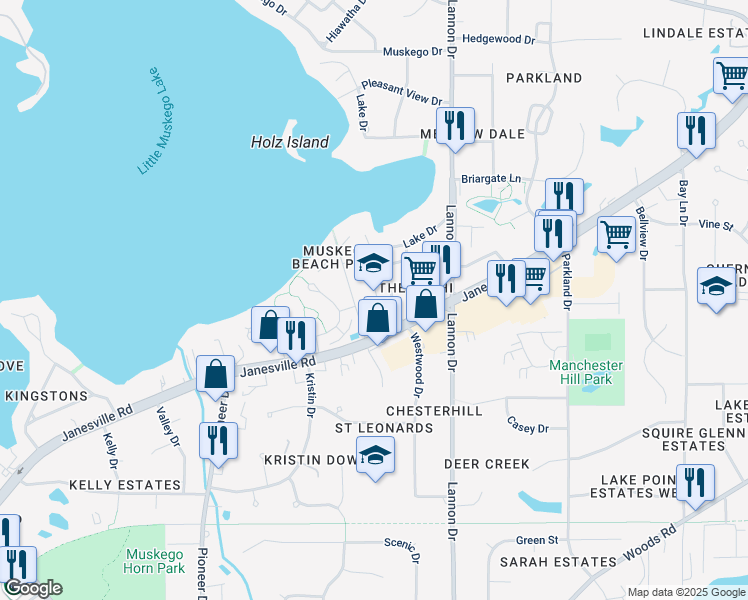 map of restaurants, bars, coffee shops, grocery stores, and more near S75W17476 Janesville Road in Muskego