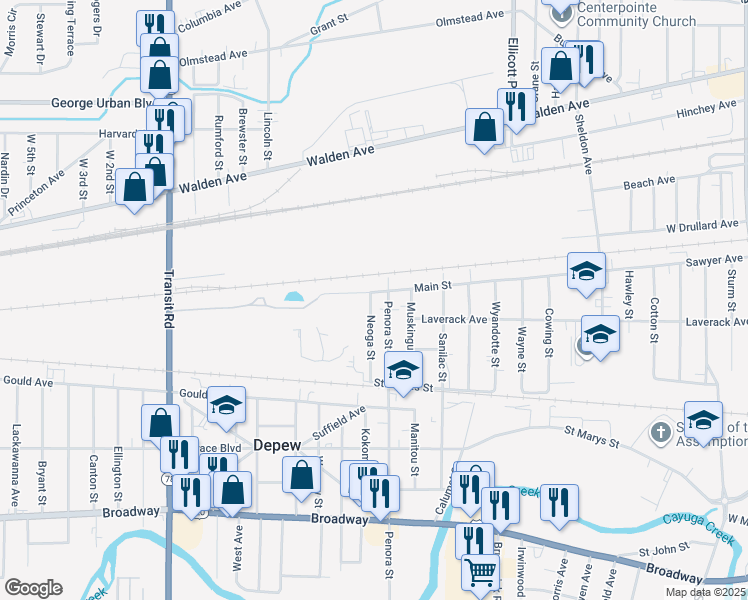 map of restaurants, bars, coffee shops, grocery stores, and more near 12 Main Street in Depew