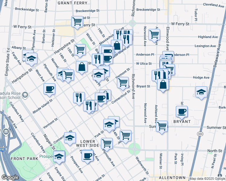 map of restaurants, bars, coffee shops, grocery stores, and more near 169 16th Street in Buffalo