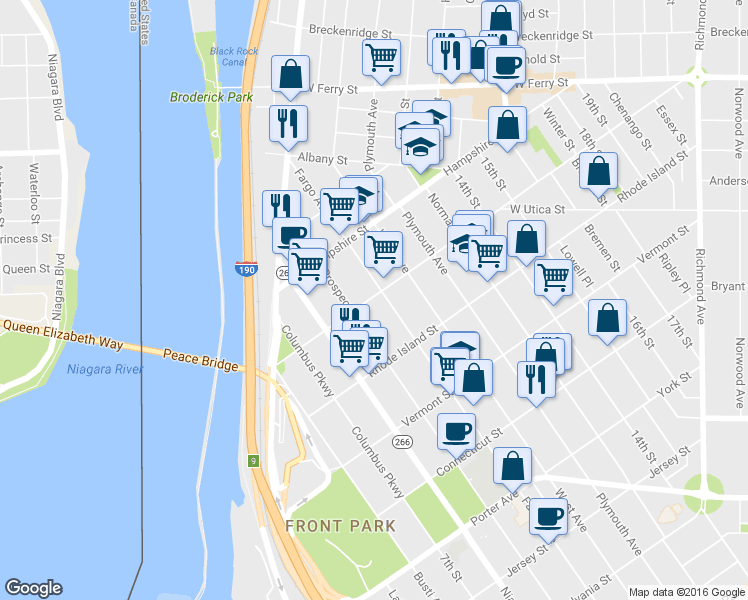 map of restaurants, bars, coffee shops, grocery stores, and more near 475 Fargo Avenue in Buffalo