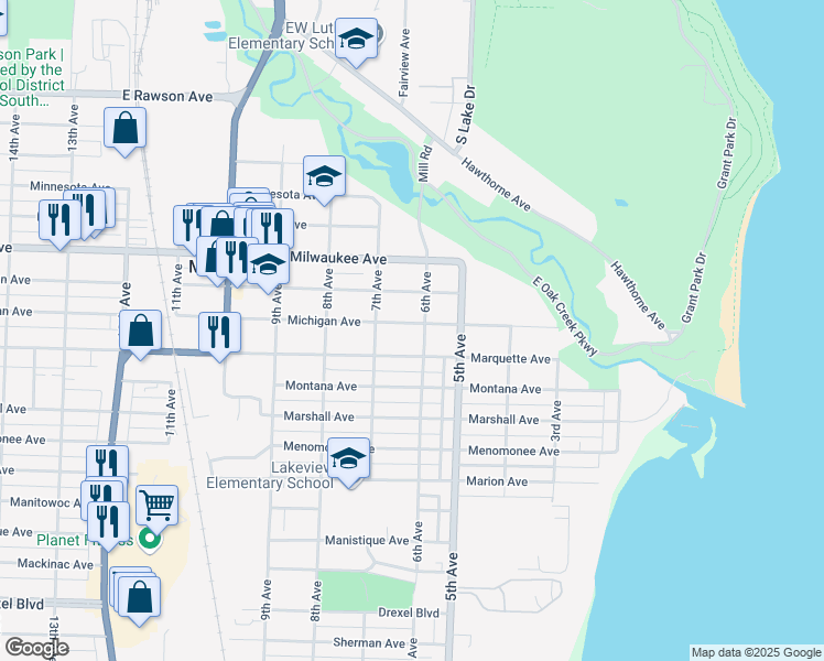 map of restaurants, bars, coffee shops, grocery stores, and more near 606 Michigan Avenue in South Milwaukee