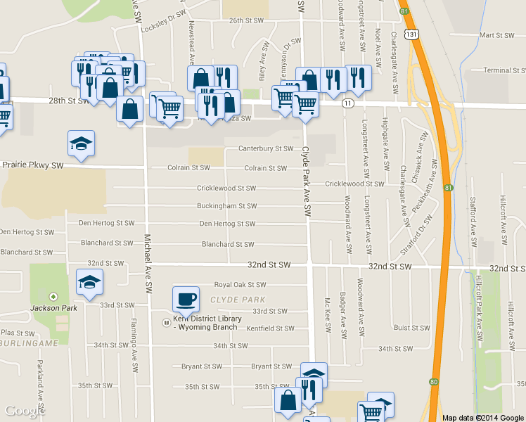 map of restaurants, bars, coffee shops, grocery stores, and more near 906 Buckingham Street Southwest in Wyoming
