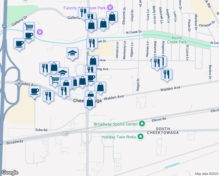 map of restaurants, bars, coffee shops, grocery stores, and more near 2300 Walden Avenue in Cheektowaga