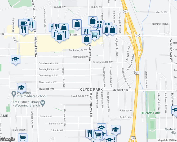 map of restaurants, bars, coffee shops, grocery stores, and more near 3043 Clyde Park Avenue Southwest in Wyoming