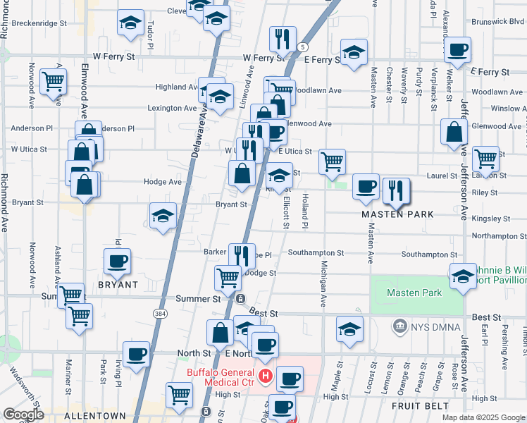 map of restaurants, bars, coffee shops, grocery stores, and more near 1285 Main Street in Buffalo