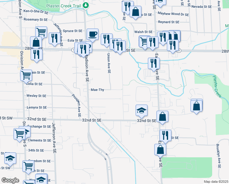 map of restaurants, bars, coffee shops, grocery stores, and more near 535 Mae-Thy in Grand Rapids