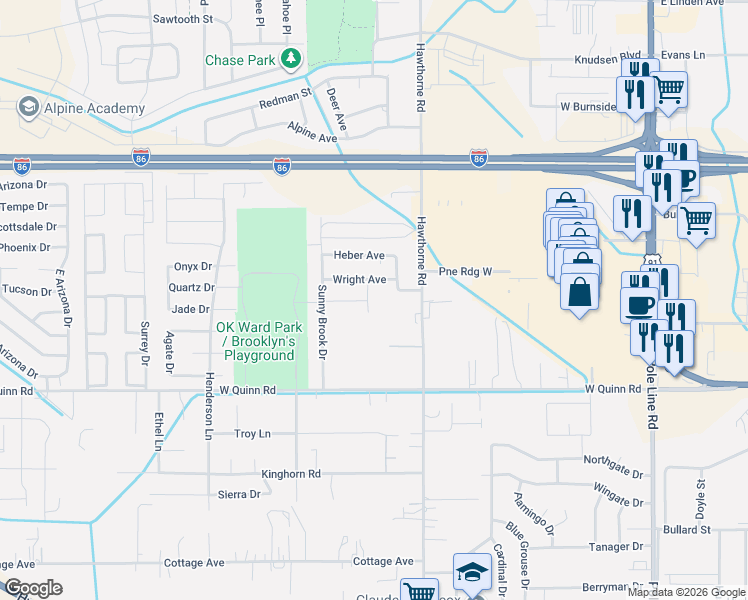map of restaurants, bars, coffee shops, grocery stores, and more near 1253 Wright Ave in Pocatello