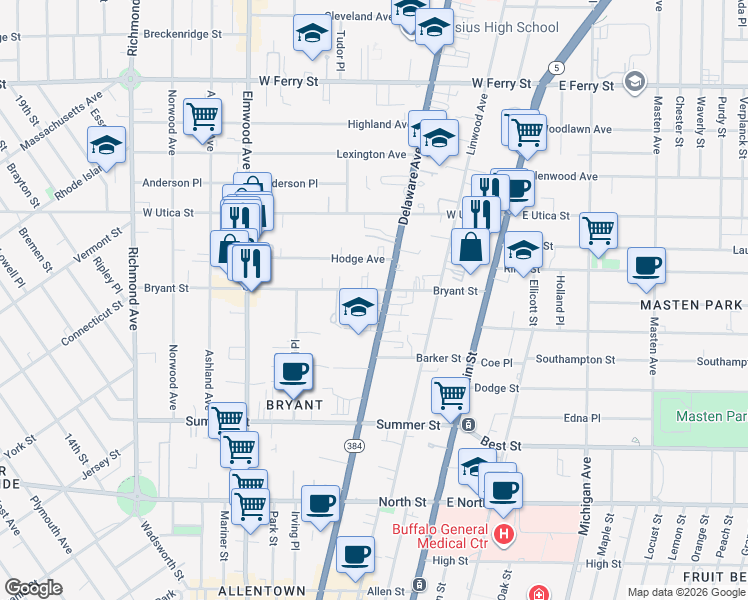 map of restaurants, bars, coffee shops, grocery stores, and more near 916 Delaware Avenue in Buffalo