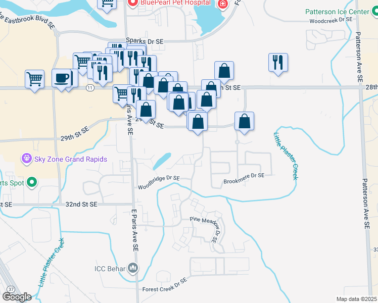 map of restaurants, bars, coffee shops, grocery stores, and more near 4222 29th Street Southeast in Kentwood