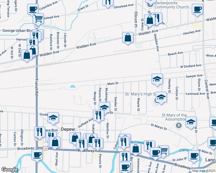 map of restaurants, bars, coffee shops, grocery stores, and more near 50 Main Street in Depew