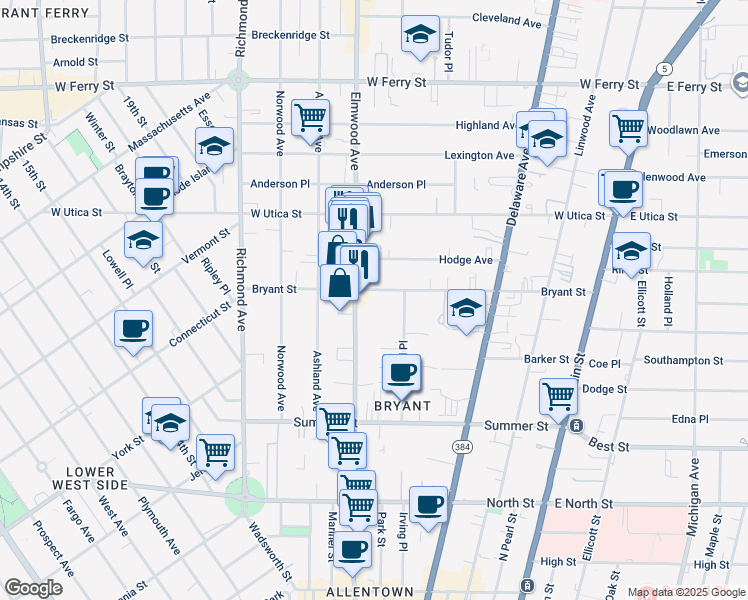map of restaurants, bars, coffee shops, grocery stores, and more near 242 Bryant Street in Buffalo