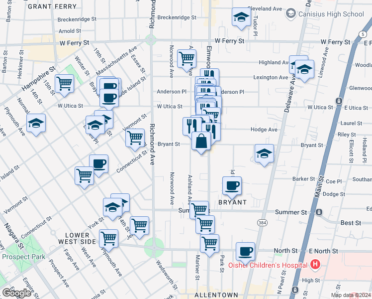 map of restaurants, bars, coffee shops, grocery stores, and more near 323 Bryant Street in Buffalo