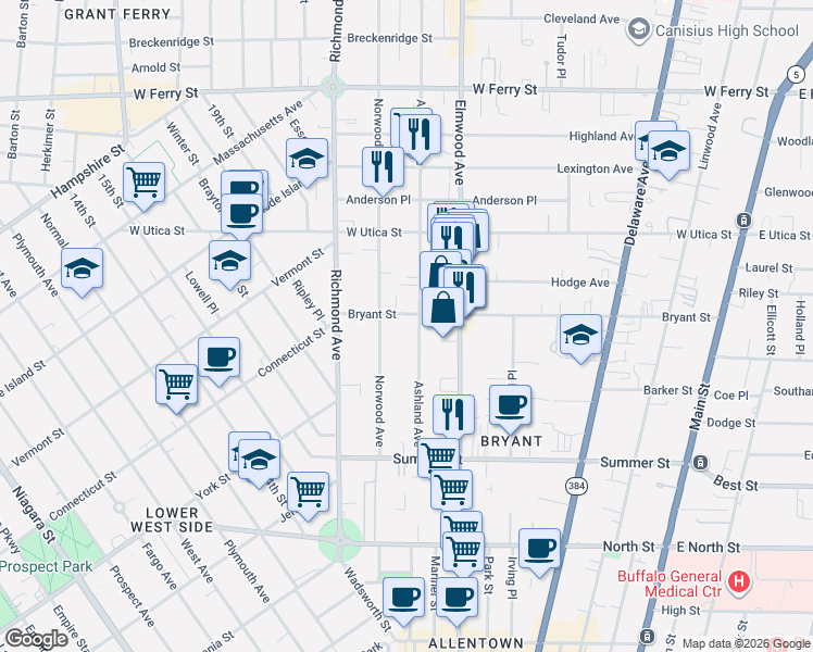 map of restaurants, bars, coffee shops, grocery stores, and more near 323 Bryant Street in Buffalo