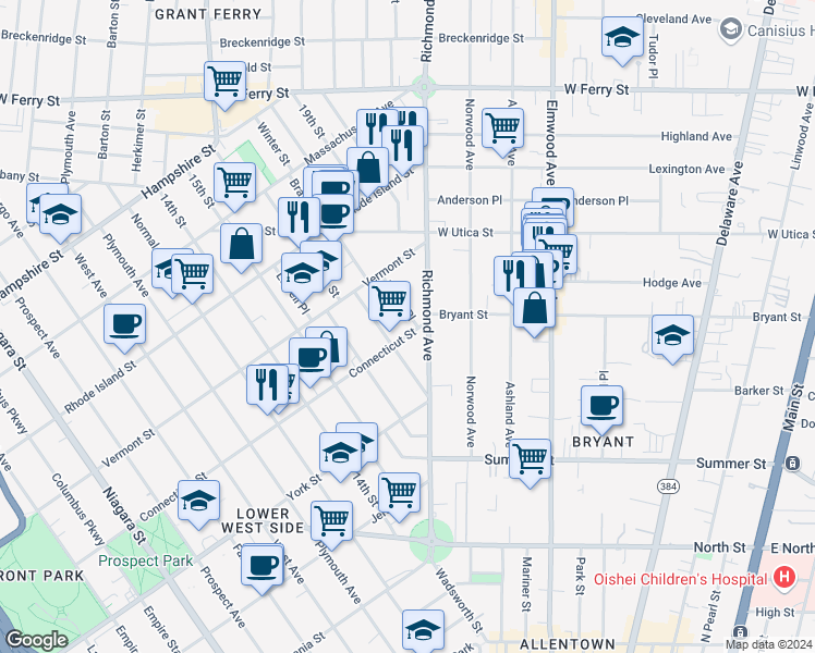 map of restaurants, bars, coffee shops, grocery stores, and more near 93 17th Street in Buffalo