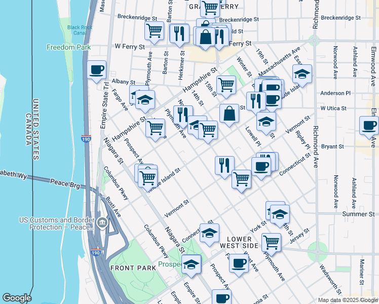 map of restaurants, bars, coffee shops, grocery stores, and more near in Buffalo
