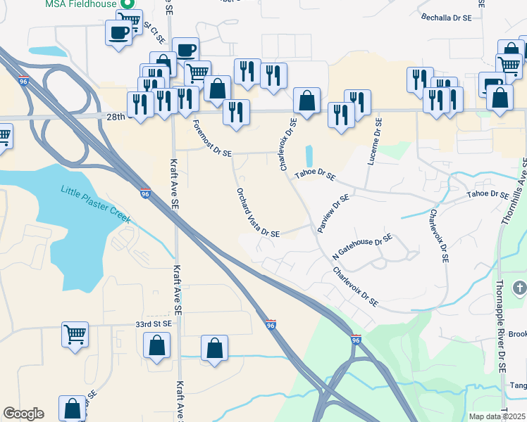 map of restaurants, bars, coffee shops, grocery stores, and more near 3060 Orchard Vista Drive Southeast in Grand Rapids