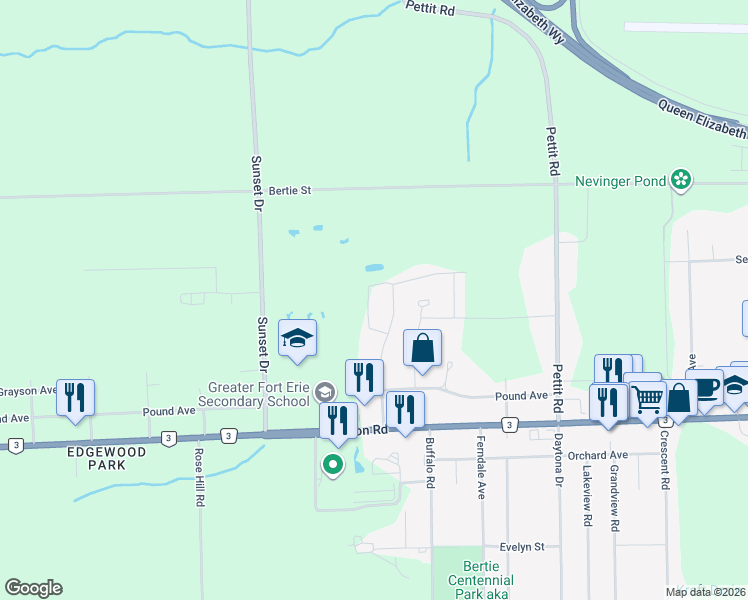 map of restaurants, bars, coffee shops, grocery stores, and more near 1615 Marina Drive in Fort Erie