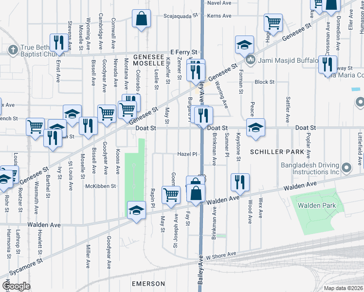 map of restaurants, bars, coffee shops, grocery stores, and more near 162 Goembel Avenue in Buffalo