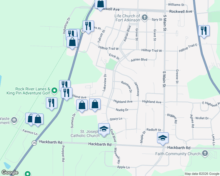 map of restaurants, bars, coffee shops, grocery stores, and more near 1424 Endl Boulevard in Fort Atkinson