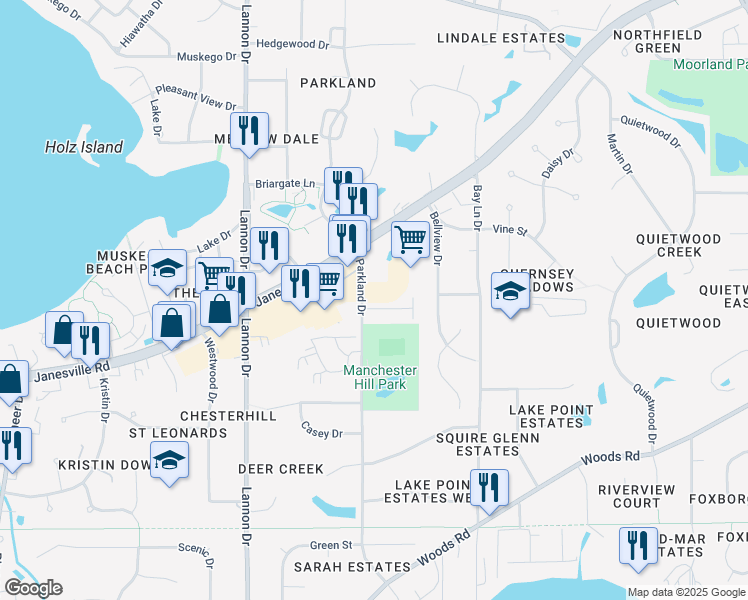 map of restaurants, bars, coffee shops, grocery stores, and more near S75W16788 Jacob Court in Muskego