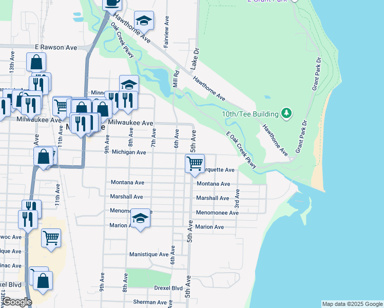 map of restaurants, bars, coffee shops, grocery stores, and more near S 5th Ave & Michigan Ave in South Milwaukee