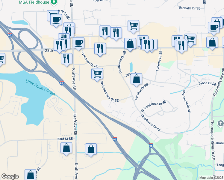 map of restaurants, bars, coffee shops, grocery stores, and more near 3060 Orchard Vista Dr SE in Grand Rapids