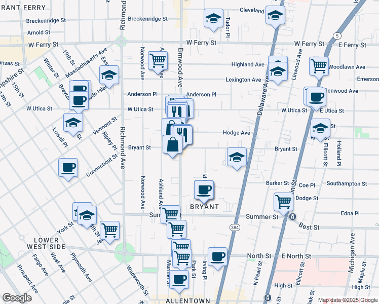 map of restaurants, bars, coffee shops, grocery stores, and more near 256 Bryant Street in Buffalo