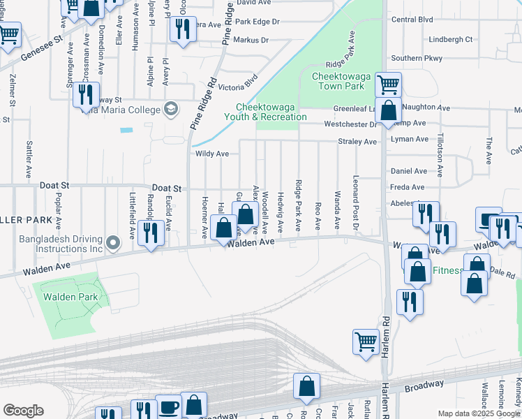 map of restaurants, bars, coffee shops, grocery stores, and more near 56 Woodell Avenue in Buffalo